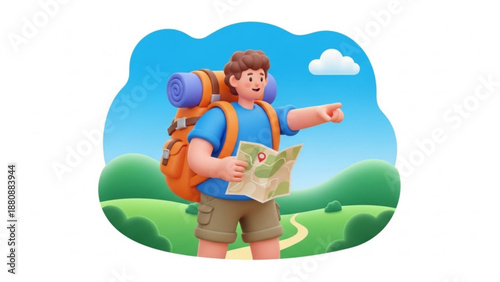 Hiker Young Man Pointing Direction with Map in Green Hills 3D Illustration