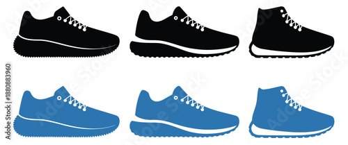 Shoe icons set featuring simple sport footwear silhouettes, running shoes, sneakers in outline and solid styles, perfect for fitness, sports, apparel, and vector icon projects.