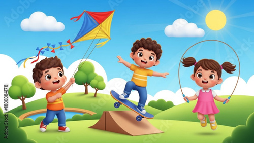 Happy Cartoon Kids Playing Outdoors with Kite Skateboard Jump Rope in Sunny Park Illustration