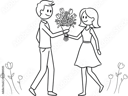Stick figure boyfriend happily presenting a beautiful bouquet of fresh flowers to his smiling girlfriend during a sweet outdoor romantic gesture