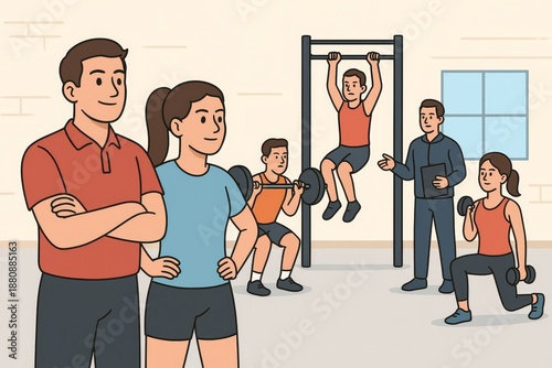 Students playing sports in school gym corridor