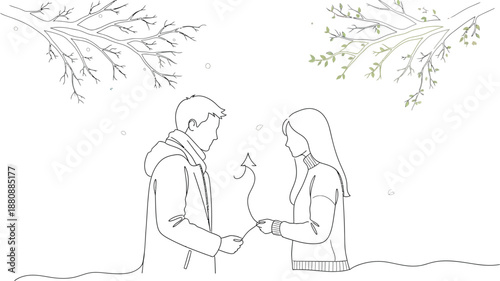 Minimalist line art illustration depicting a couple exchanging a connected thread symbolizing mutual connection through changing seasons like winter and spring.