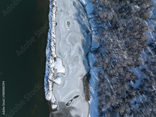 River Danube aerial view in winter. Dunabogdany, Hungary. 2026.