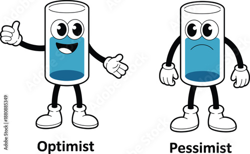 Cartoon glass characters representing optimist and pessimist with different expressions Keywords: glass, character, cartoon