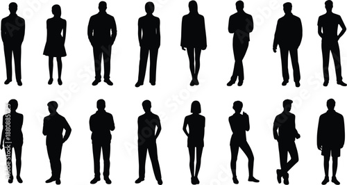 Diverse group of male and female silhouettes standing in various poses people woman