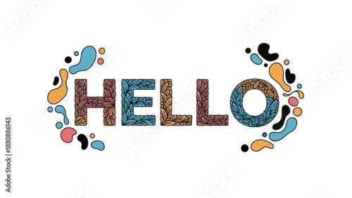 Ornate word 'HELLO' decorated with detailed floral and paisley patterns surrounded by colorful abstract liquid shapes on a white background.