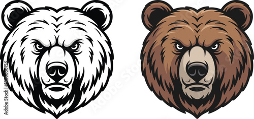 Fierce bear head illustration in black and white and full color drawing graphic