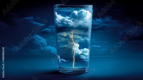 Glass of clouds with lightning bolt against dark blue sky illustration
