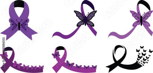 Cancer Awareness Ribbon icon set. World Cancer Day Symbols. Oncology emblem, charity sign, cancer prevention awareness, hope, medical campaign.