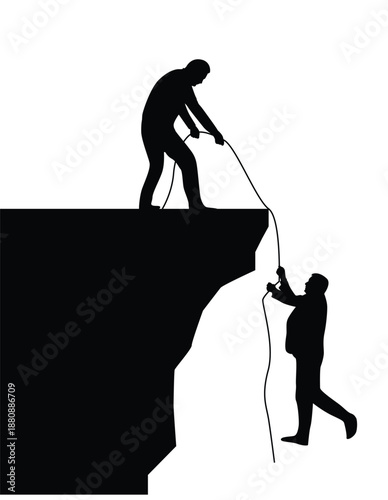 Business Man Saving His Work Partner Silhouettes. Cooperation and teamwork, people at danger vector art