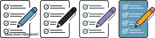 Four checklist icons with checkmarks and pens in different colors and styles Keywords: checklist, to-do list, task, item