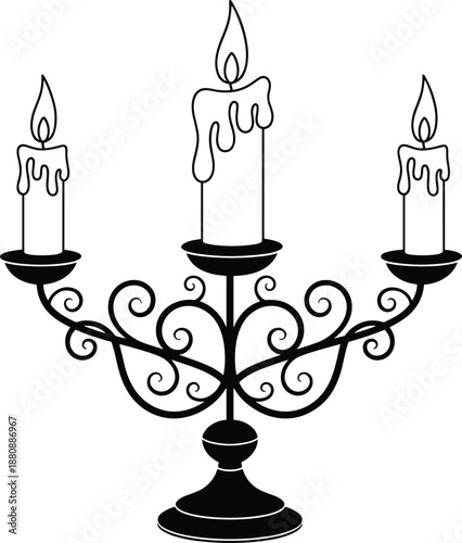 Three candle candelabrum silhouette isolated on white background, elegant vintage lighting illustration for gothic, classic, luxury interior design projects