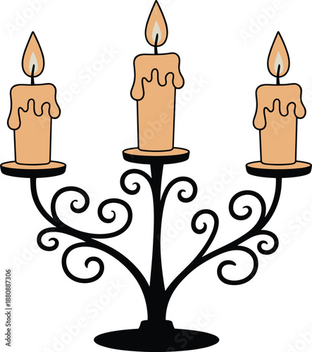 Three candle candelabrum illustration isolated on white background, elegant vintage lighting artwork for classic, gothic, decorative interior design projects