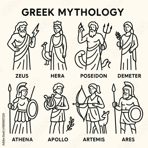 A collection of Greek mythology figures including Zeus, Hera, and others in a minimalist style.