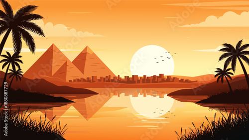Vector illustration of the Egyptian pyramids at sunset with a calm river reflecting the vibrant orange sky and silhouette of palm trees and a city skyline