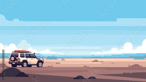 Adventure suv journey through vast open landscapes with clear blue skies