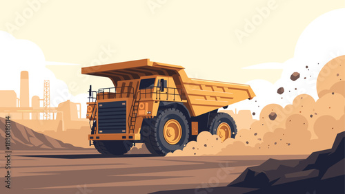 Gigantic dump truck in motion at mining site with dust trail in flat style