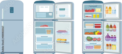 Open and closed light blue refrigerator filled with food and drinks keywords: refrigerator, fridge, open, closed, food, drinks