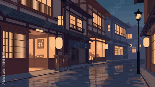 Tranquil evening in traditional japanese street with lanterns and reflections