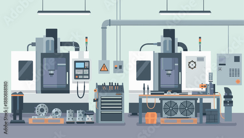 Modern workshop with cnc machines and tools in a flat industrial setting