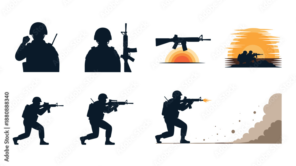 Fototapeta premium Military silhouettes: soldiers and combat scenes in dynamic illustrations