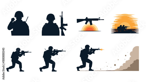 Military silhouettes: soldiers and combat scenes in dynamic illustrations