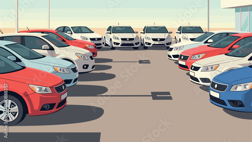 Car dealership lot with rows of new vehicles in flat style