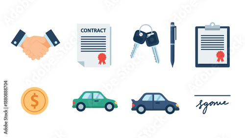 Car rental and lease concept with keys, contract, and agreement elements in flat design