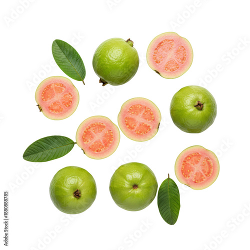 Fresh Pink Guava Fruits and Leaves Isolated on White Background Top View