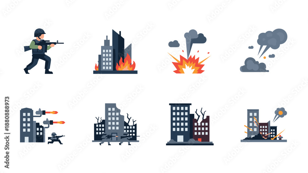 Fototapeta premium City conflict and destruction: urban warfare and explosions scene set