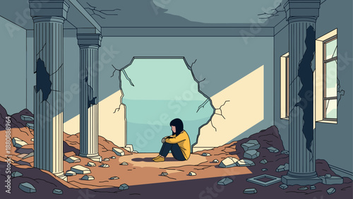 Person sitting alone in a crumbling room: exploring solitude and decay