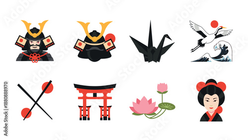 Traditional japanese symbols collection featuring samurai, origami, and cultural icons