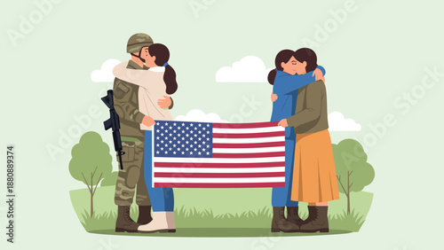 Family reunion with us soldier holding flag in outdoor setting: patriotic homecoming