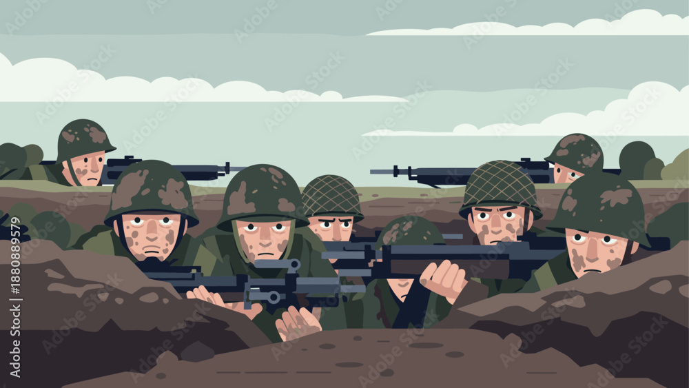 Fototapeta premium Soldiers in trenches with rifles in flat design on overcast day