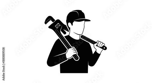 Man holding large adjustable wrench tool.