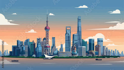 Shanghai skyline at sunset with modern architecture and iconic skyscrapers