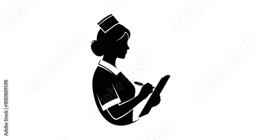Nurse in uniform holding tablet.