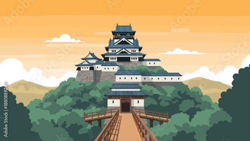 Traditional japanese castle with wooden bridge and scenic landscape at sunset