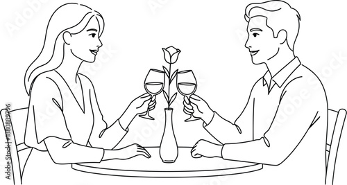 Happy couple toasts each other with glasses of wine while celebrating a romantic evening dinner at a table with a single rose centerpiece