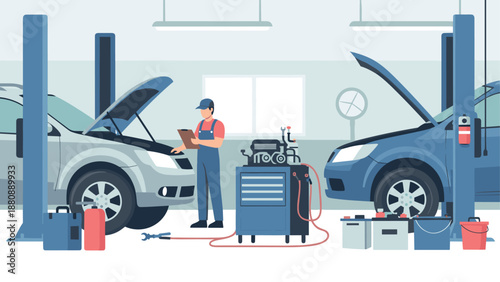Mechanic workshop with vehicles on lifts in flat design