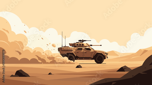 Armored desert vehicle in motion against a sandy backdrop