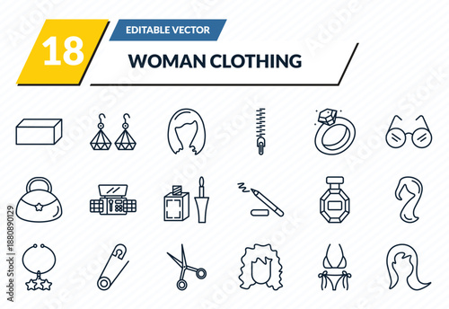 woman clothing icons set - rectangular, dangling earrings, shoulder length, string bikini, female long hair outline vector collection.