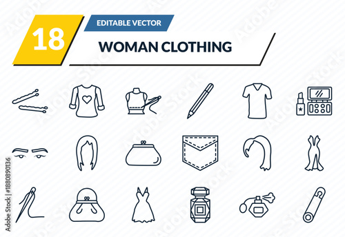 woman clothing icons set - hair clip tool, heart shaped clothes, clothing stitches, parfum bottle, perdible pin outline vector collection.