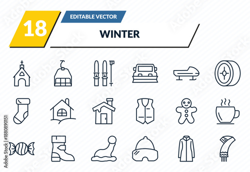 winter icons set - chapel, ski lift, ski equiptment, fur coat, winter scarf outline vector collection.