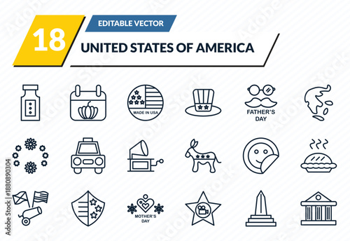 united states of america icons set - baste, thanksgiving day, made in usa, obelisk, government outline vector collection.