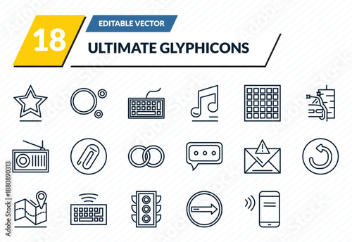 ultimate glyphicons icons set - star point, big and small dots, computer keyboard, turn right, phone connection outline vector collection.