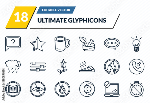 ultimate glyphicons icons set - question message, half star full, big cup, internet security, timer off outline vector collection.
