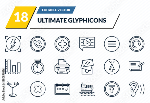 ultimate glyphicons icons set - automatic flash, call contact, plus button, upload arrow with bar, ear with sound bar outline vector collection.