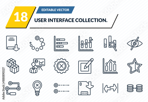 user interface collection. icons set - download ebook, loading process, bars chart page, width, data collection outline vector collection.