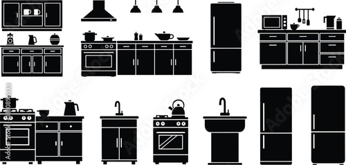 Silhouette Icons of Kitchen Appliances and Furniture Including Cabinets, Sink, Stove, Refrigerator, and Cooking Utensil Elements